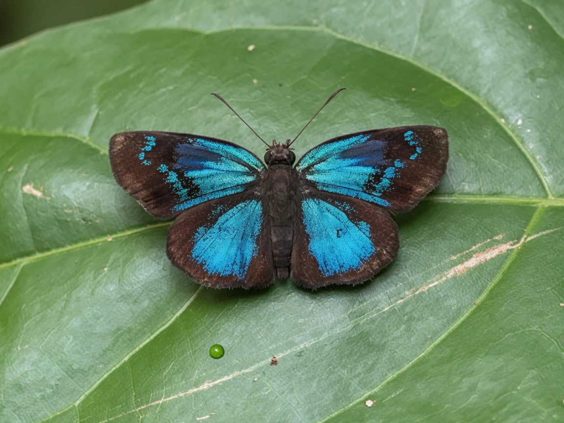Mariposa azul posada en una hoja del Monte Firme, fotografía de Raquel